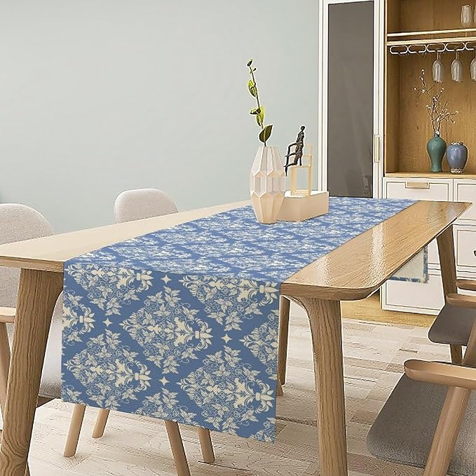 Damask Table Runner Blue Beige Abstract Flower Floral Baroque Pattern Table Runner for Kitchen Dining Weddings Party Festival Farmhouse Holiday Decor 13x90in