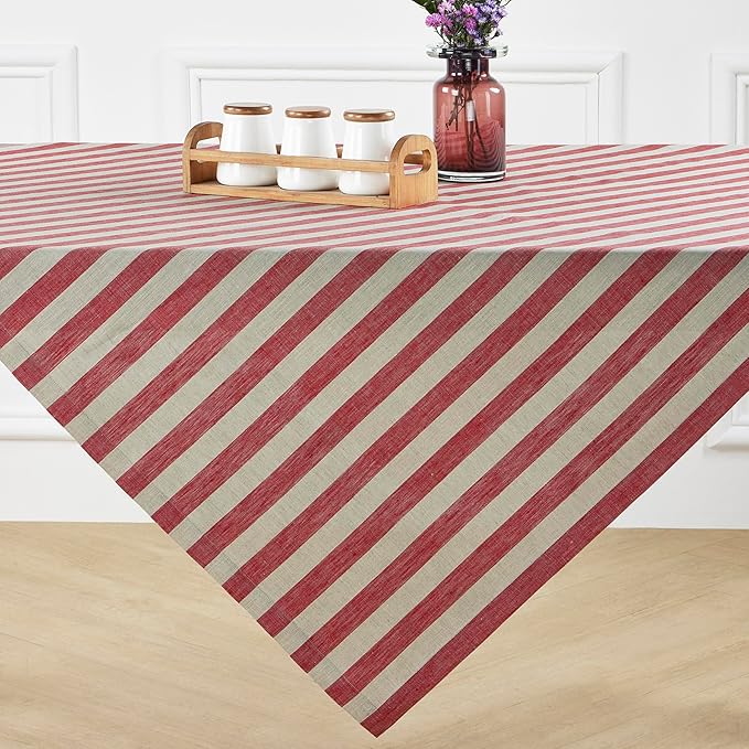 Solino Home Linen Square Tablecloth 52 x 52 Inch - Sorrento Stripe, 100% Pure Linen Red and Natural Table Throw - Machine Washable Tablecloth for Fall, Autumn, Thanksgiving, Christmas