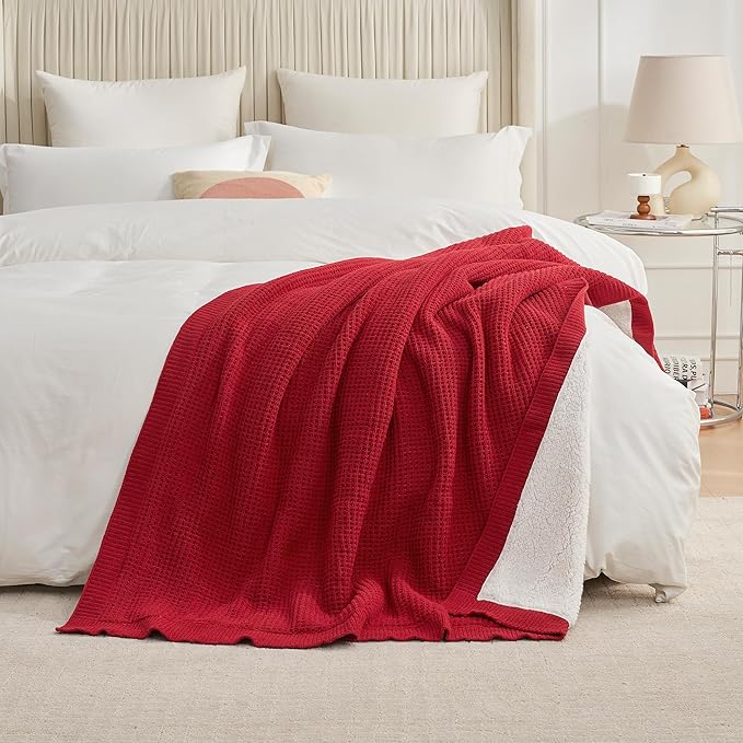 Amélie Home Reversible Waffle Weave Throw Blanket, Chenille Knit with Warm Sherpa, Soft Cozy Blanket for Couch, 50"x60", Red