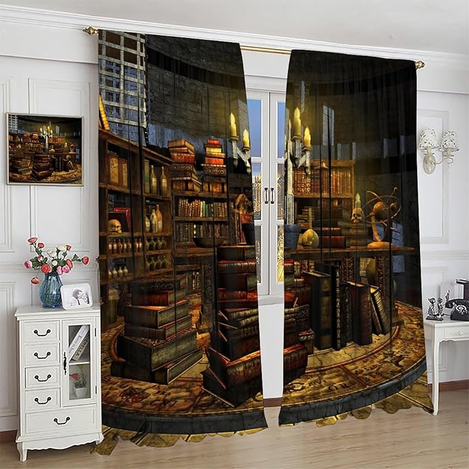 Gothic Mid Century Blackout Curtains, Library Medieval Vintage Wooden Bookshelves Candles Skull Window Drapes, for Living Room Bedroom 27.5(W)*63(L) 2 Panels