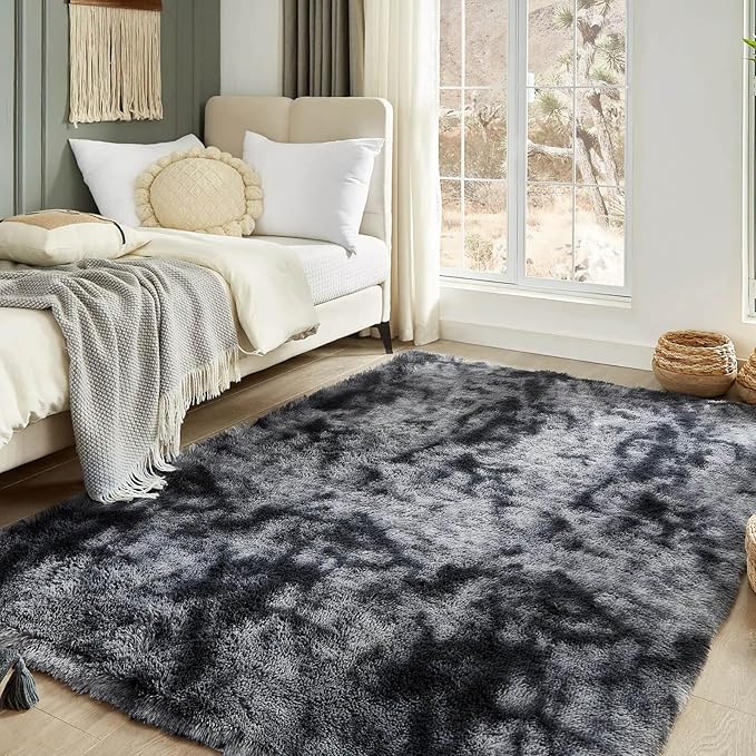 Floralux Shag Rug 5x7 for Living Room, Tie-Dyed Dark Grey, Soft Fluffy Area Rug, High-Pile Plush Indoor Carpets for Bedroom, Playroom, Nursery, Home Decor
