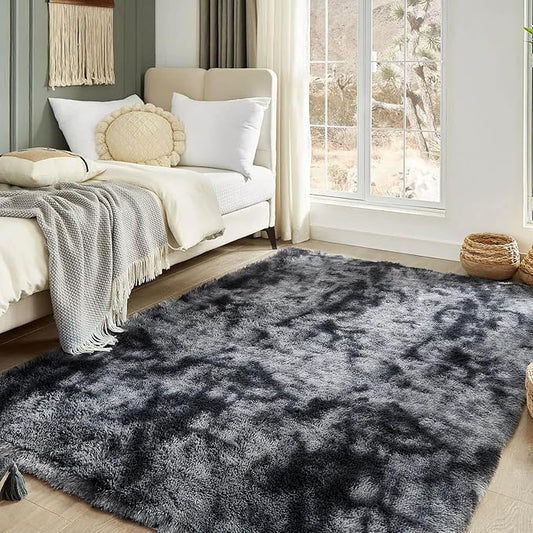 Floralux Shag Rug 5x7 for Living Room, Tie-Dyed Dark Grey, Soft Fluffy Area Rug, High-Pile Plush Indoor Carpets for Bedroom, Playroom, Nursery, Home Decor