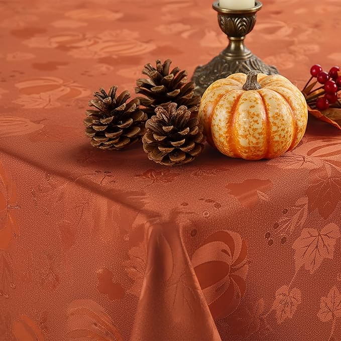Smiry Rectangle Thanksgiving Tablecloth, 60x102 Inch Fall Waterproof Damask Table Cloth, Pumpkin Fabric Jacquard Table Covers for Harvest Parties, and Holiday Dinner, Terracotta/Rust