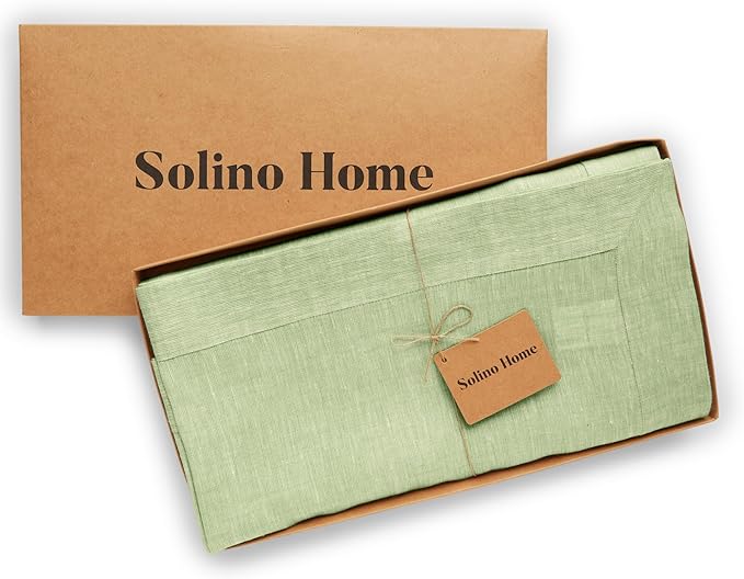 Solino Home Linen Tablecloth 60 x 90 Inch - 100% Pure Linen Chambray Green Table Cloth for Rectangle Tables - Athena, Machine Washable Tablecloth