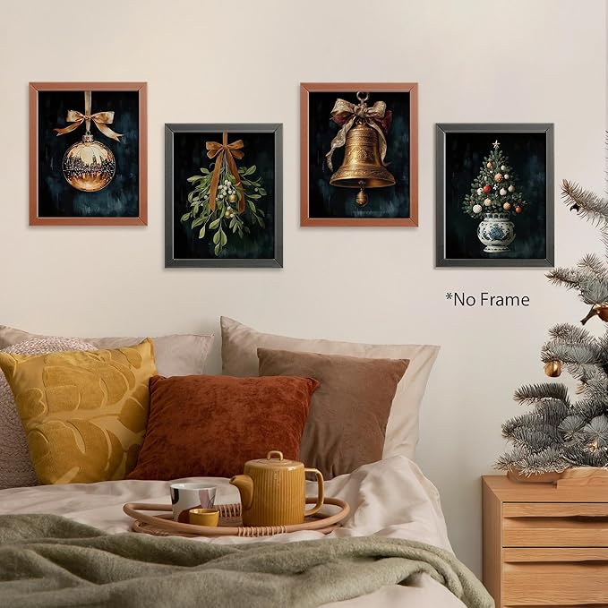 AEHIE Dark Moody Christmas Wall Art Poster Prints for Home Room Bedroom Decor, Dark Academia Christmas Decor, Winter Bauble Ball Ornament Bell Mistletoe Holiday Prints Wall Art Unframed 4pcs 8x10inch