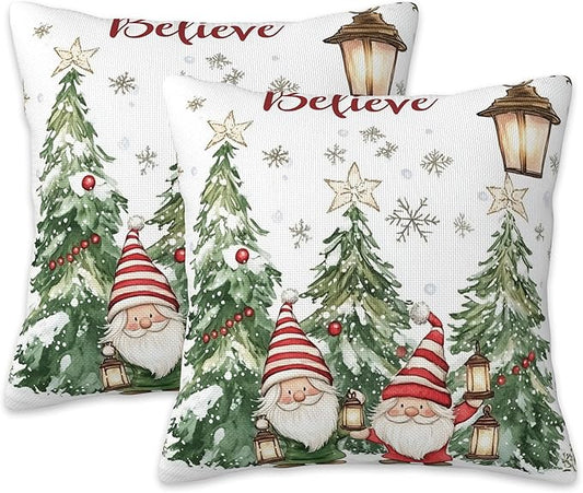 Christmas Pillow Covers 18X18, Christmas Tree and Gnomes Decorative Throw Pillow Covers, Winter Christmas Believe Snowflakes Pillow Cover Pillowcase Cushion Case for Home Sofa Couch Indoor Set of 2