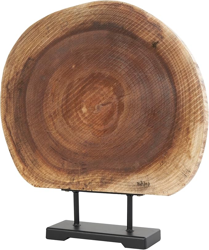 Deco 79 Wood Tree Handmade Decorative Sculpture Circular Slab Home Decor Statue with Black Metal Base, Accent Figurine 21" x 4" x 23", Brown