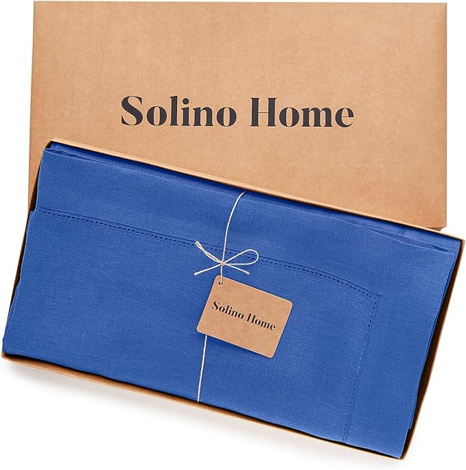 Solino Home Royal Blue Linen Tablecloth 60 x 132 Inch - 100% Pure Linen Hemstitch Table Cloth for Rectangle Tables - Classic Hemstitch, Machine Washable Tablecloth