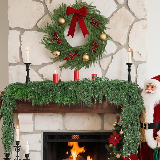 12FT(2*6FT) Christmas Norfolk Pine Garland, Soft Real Touch Faux Green Garlands, Holiday Decor Winter Artificial Greenery Garland for Mantle, Stairs, Table, Fireplace, Indoor Outdoor Xmas Decorations