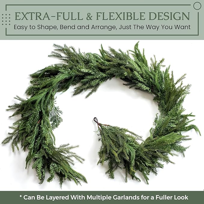 Mixed Norfolk Pine Garland with Evergreen, and Cedar Garland Artificial Realistic Greenery Branches for Decoration, Christmas Garland for Mantle, Premium Real Touch (9 Foot)