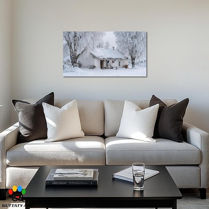 GUTTATY Christmas Winter Scene Canvas Pictures, Snowy Village Wall Decor, White Frost Landscape Canvas Artwork, Rustic Cabin Wall Painting for Living Room, Bedroom, Holiday Decoration, 40x20 Inch