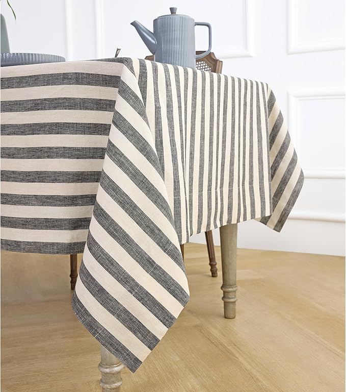 Solino Home Linen Striped Tablecloth 60 x 120 Inch - 100% Pure Linen Black and Natural Table Cloth for Rectangle Tables - Sorrento Stripe, Machine Washable Tablecloth for Fall, Autumn, Thanksgiving