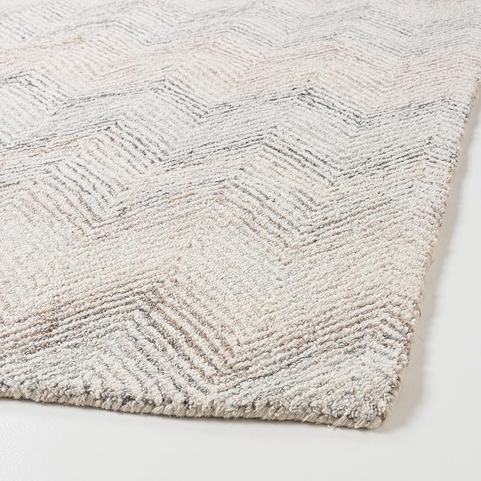 Modern Herringbone Chevron Collection Handcrafted Wool Area Rug - Durable, Zigzag Pattern, for High Traffic, Contemporary Design for Living Room, Bedroom, Dining Room Decor (Ivory-Multi, 6' x 6')