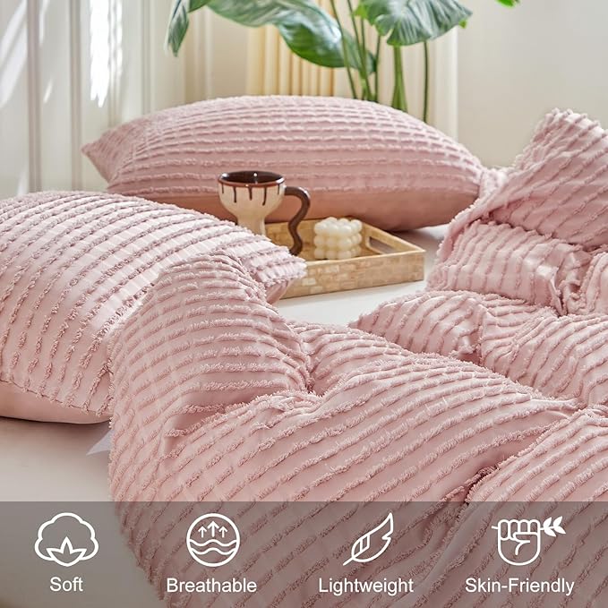 WARMDERN Boho Duvet Cover Set Queen Size, Pink Striped Duvet Cover Microfiber Bedding Set, 3PCS Ultra Soft Breathable Lightweight Tuft Texture Duvet Covers with Zipper Closure(Pink, Queen)