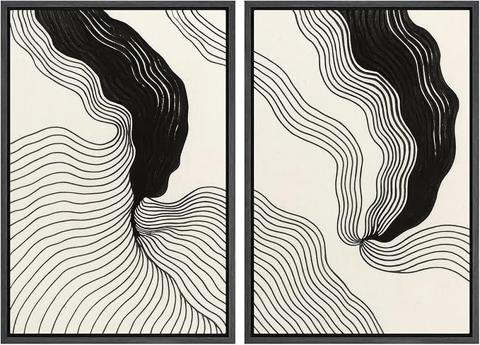 SIGNWIN Framed Canvas Print Wall Art Set Abstract Black Line Flow Minimalist Modern Art Minimal Boho Relax/Calm for Living Room, Bedroom, Office - 24"x36"x2 Black