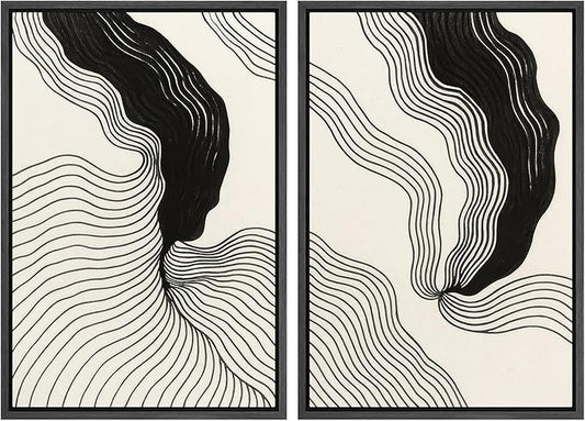 SIGNWIN Framed Canvas Print Wall Art Set Abstract Black Line Flow Minimalist Modern Art Minimal Boho Relax/Calm for Living Room, Bedroom, Office - 24"x36"x2 Black