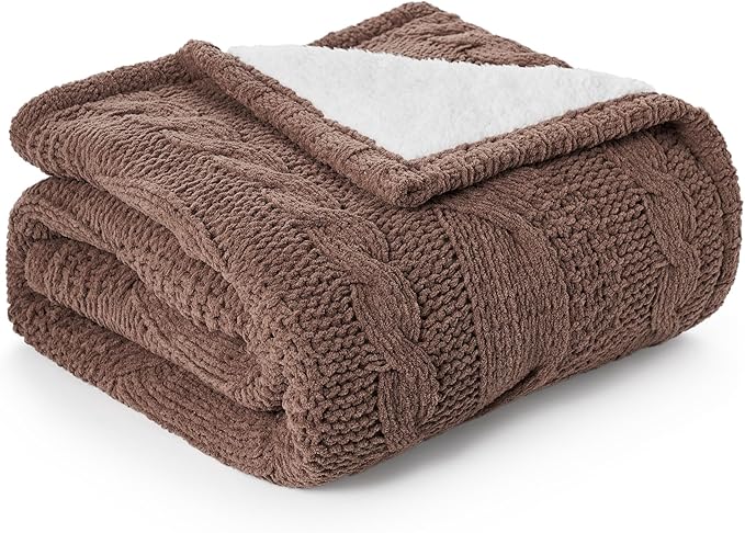 Amélie Home Cable Knit Throw Blanket for Couch, Chenille Sherpa Soft Cozy Throw Blankets for Sofa Chair Comfortable Home, 50"x60", Brown