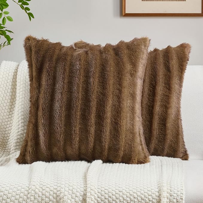 FUTEI Brown Decorative Throw Pillow Covers 22x22 Inch Set of 2,Soft Fluffy Faux Rabbit Fur Dyeing Striped Textured Cushion Case,Modern Home Decor for Couch Bed Living Room