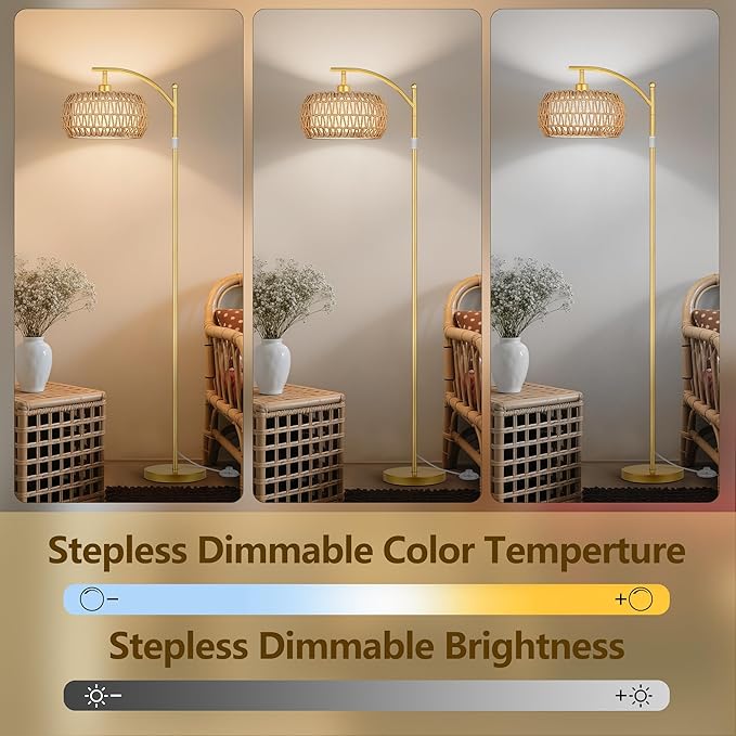 ROTTOGOON Rattan Floor Lamps for Living Room, Boho Standing Lamps with Rattan& Linen Double Shades, Arc Lamps Floor Standing with 9W Bulb, Foot Switch, Bohemian Floor Lamps for Bedroom, Office-Gold