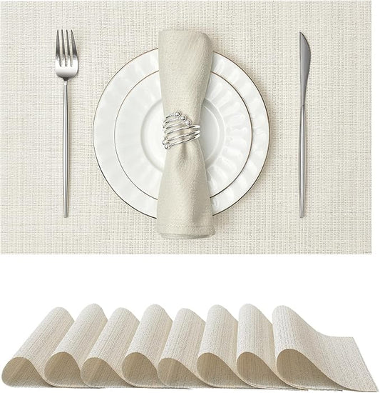 Leetaltree Luxury White and Silver Woven Placemats Set of 8 - Waterproof Washable Textured Table Mats for Wedding, Anniversary, Daily Use - Sparkling Metallic Thread Table Decor - Hand-Cut