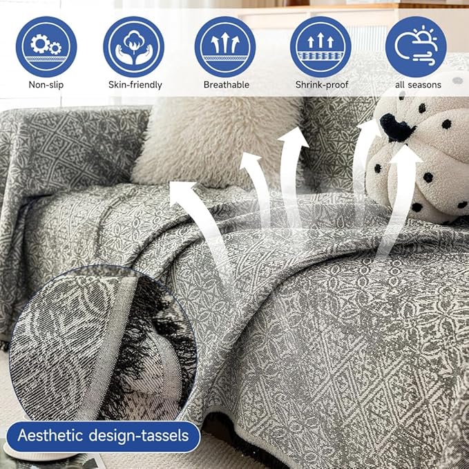 ROOMLIFE Couch Cover Black Boho Sofa Covers for 3 Cushion Couch Washable, Furniture Protector Sofa Couch Cover for Dogs, Soft Breathable Sofa Slipcover, Couch Throw Blankets with Tassels 71''X134''