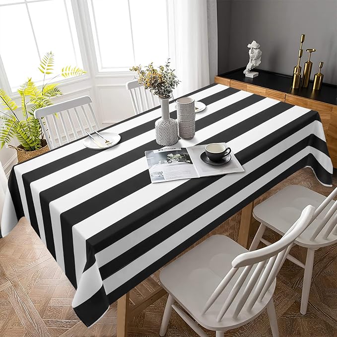 ASPMIZ Black and White Striped Tablecloth for Rectangle Tables, Geometric Stripe Waterproof Table Cloth for Kitchen Dining Room, Polyester Tablecloth Rectangle 60” x 84”