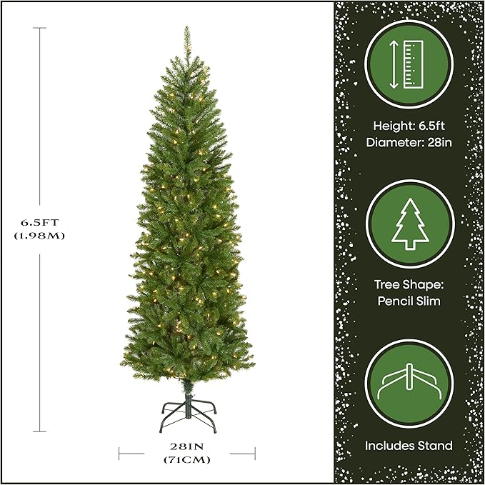 National Tree Company 6.5 ft Pre-Lit Kingswood Fir Slim Artificial Christmas Tree, 250 Clear Lights, 719 Tips, Includes Stand, Green