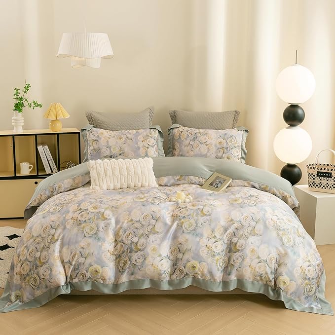 ECOCOTT Bedding 3-Piece Duvet Cover Queen Size, Silky Soft 100% Lyocell, Hypoallergenic & Eco-Friendly Whispering Roses Bedding, Cooling & Breathable for Hot Sleepers, Dreamy Floral Pattern