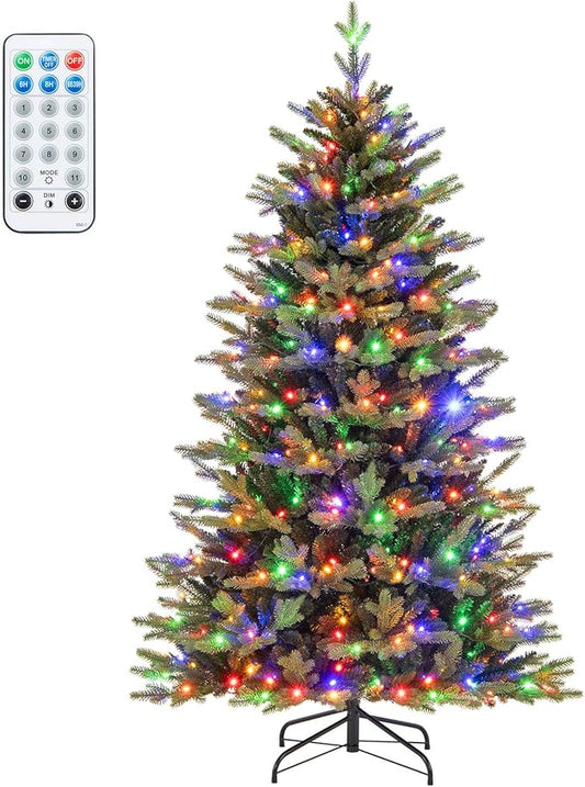 Happygrill 6 FT Pre-Lit Artificial Christmas Tree, Hinged Xmas Tree w/1168 Branch Tips, 350 LED Lights, 11 Lighting Modes, 3 Auto Timers, 4-Level Brightness & Remote Control, Decoration Tree for Party