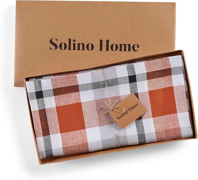 Solino Home Linen Plaid Tablecloth 52 x 52 Inch - 100% Pure Linen Cinnamon Square Tablecloth - Autumn, Thanksgiving, Holiday, Fall Buffalo Check Machine Washable Table Throw