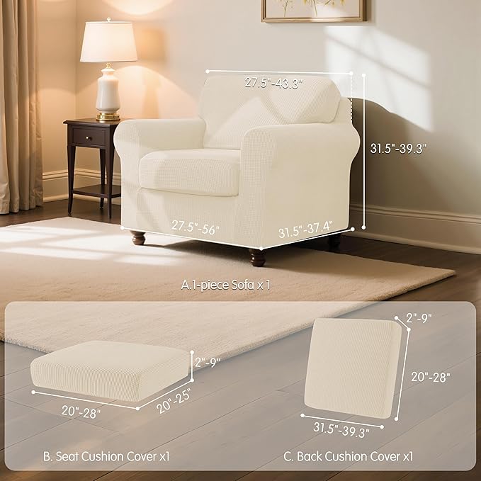 SUBRTEX 3 Pieces Stretch Sofa Slipcover Sets Couch Cover Sets Backrest Cushion Covers Furniture Protector Collection Set for Oversize Sofa Loveseat Chair Slip Covers(Small, Ivory)
