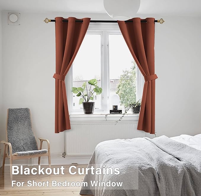 Burnt Orange Boho Fall Curtains 45 Inch Length for Kitchen Bay Window Set 2 Panels,Grommet Insulated Thermal Short Blackout Bohemian Curtains for Bedroom Small Bathroom 45 Long Terracotta Red Rust