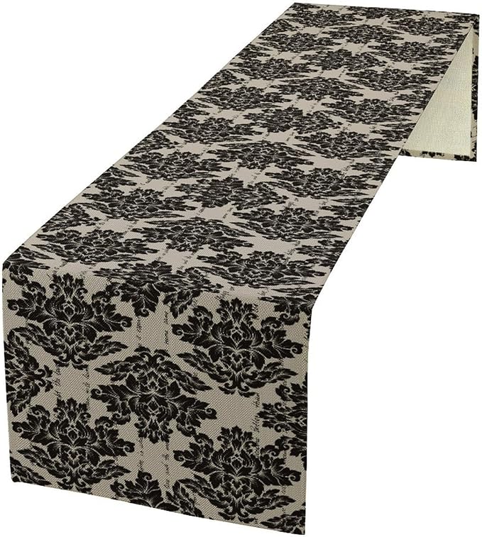 Black Damascus Royal Flowers Table Runner Vintage Classic Flower Table Runner for Kitchen Dining Party Decor 13x120in