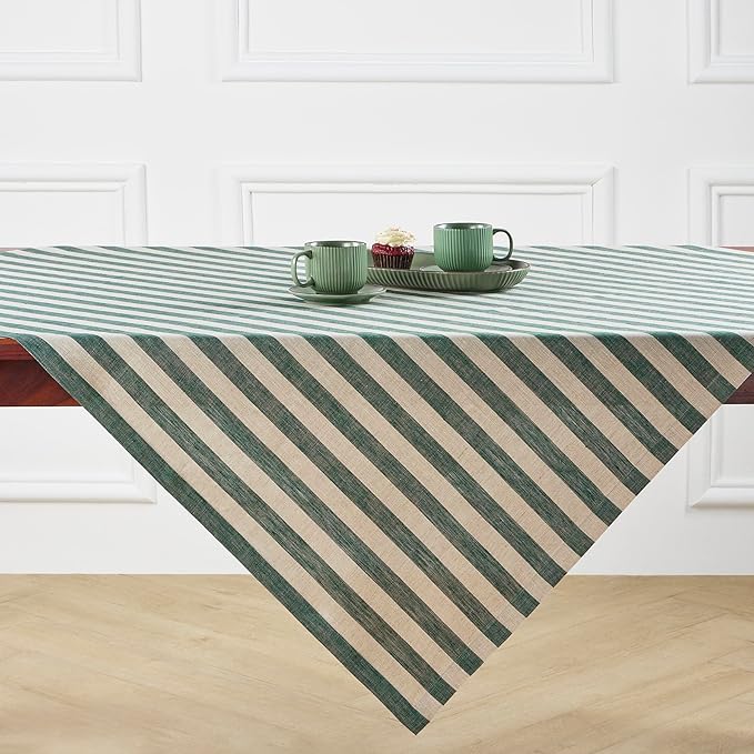 Solino Home Linen Tablecloth 52 x 52 Inch - Sorrento Stripe, 100% Pure Linen Hunter Green and Natural Square Tablecloth - Machine Washable Table Throw for Fall, Autumn, Thanksgiving, Christmas, Winter