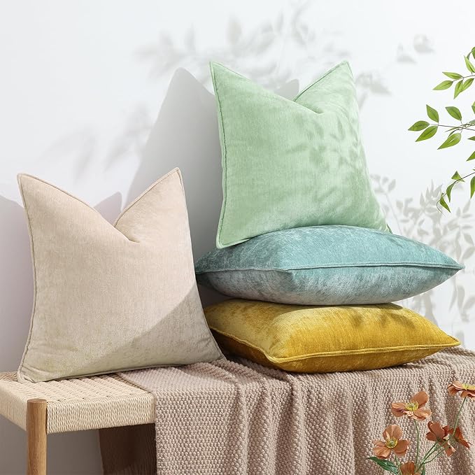 decorUhome Christmas Couch Throw Pillow Covers 16x16 Set of 2, Decorative Soft Euro Velvet Neutral Chenille Pillow Covers with Elegant Design for Sofa Bed Living Room Home Decor, Sage Green