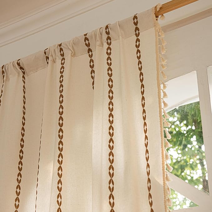 Sutuo Home Boho Curtains 84 Inches Long for Bedroom Living Room,Bohemian Drape Light Filtering Country Semi Blackout Farmhouse Window Treatment Rod Pocket, 1 Panel W52 x L84,White and Coffee