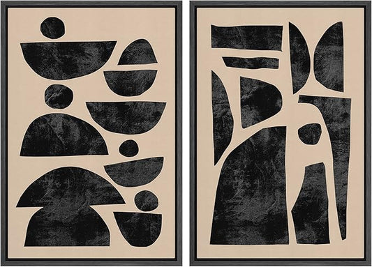 SIGNWIN Framed Canvas Print Wall Art Set Mid-Century Semi-Circle Polygons Variety Abstract Shapes Illustrations Modern Art Minimal Boho for Living Room, Bedroom, Office - 16"x24"x2 Black