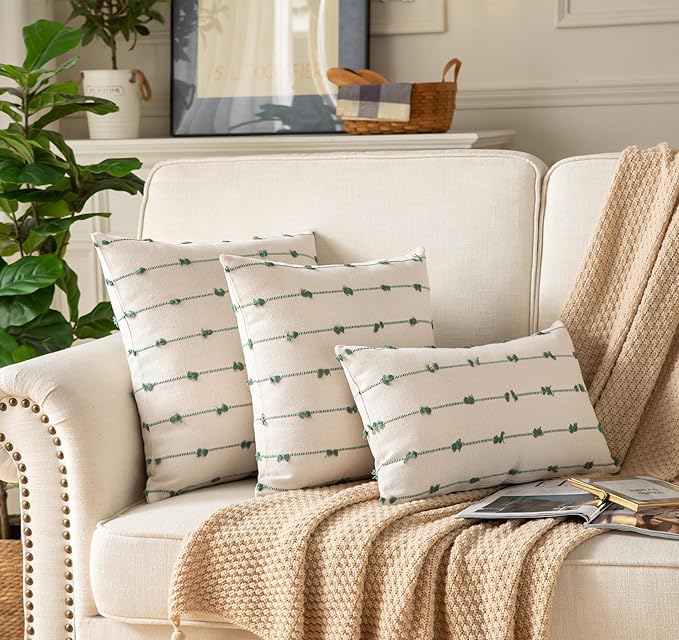 Caflife Boho Throw Pillow Covers 12x20 inches Beige and Green, Set of 2 Modern Farmhouse Decorative Pillow Covers for Couch Bed, Living Room