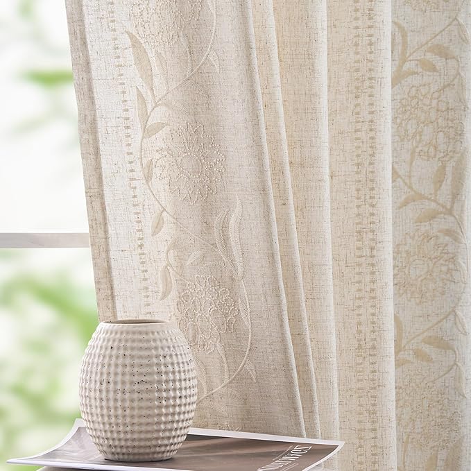 jinchan Winslow Linen Curtains 96 Inches Long for Bedroom Linen Blended Embroidered Floral Curtains for Living Room Farmhouse Decor Light Filtering Window Treatments Ivory on Beige Drapes 2 Panels