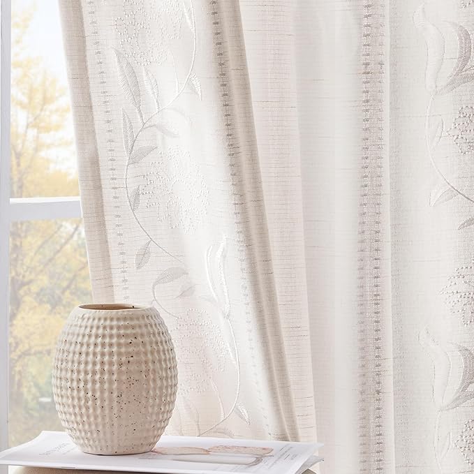 jinchan Winslow Linen Curtains for Bedroom 63 Inches Length Embroidered Bordered Floral Curtains for Living Room Farmhouse Decor Light Filtering Window Treatments White on White Drapes 2 Panels