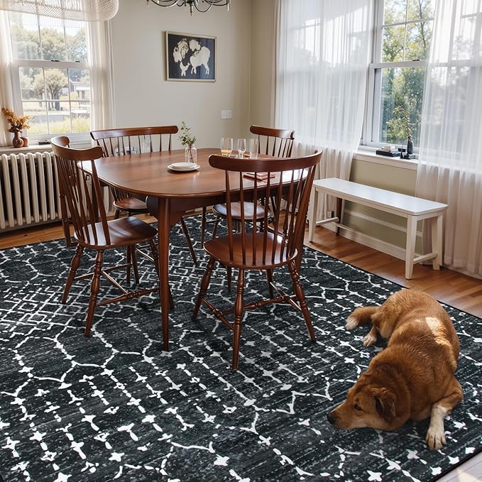 Lahome Moroccan Black Area Rugs 8x10 Living Room - Non-Slip Backing Ultra-Thin Large Rug Throw Stain Resistant Dining Room Rugs for Under Table, Geometric Print Modren Soft Rug for Bedroom Office