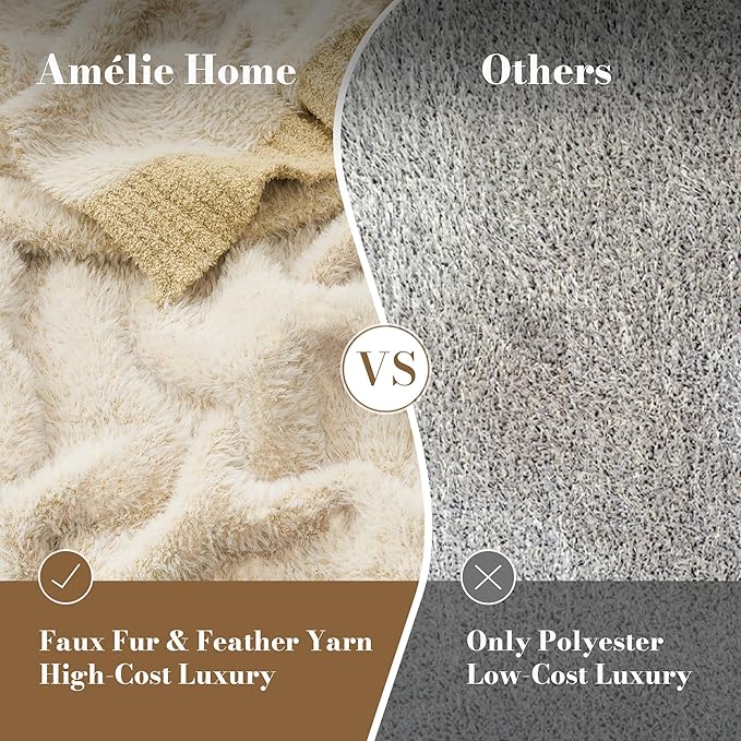 Amélie Home Knit Throw Blanket for Couch, Super Soft Fuzzy Blanket for Sofa, Luxury Cozy Fluffy Throw for Room Decor, 50" x 60", Heather Beige