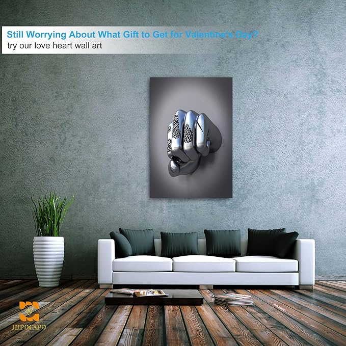 HIPOCAPO 3D Metal Effect Wall Art - Abstract Canvas Art, Modern for Office, Silver Boxer Gesture3D Decor Bedroom Framed 32''x48''x1Pcs 3d Art-03