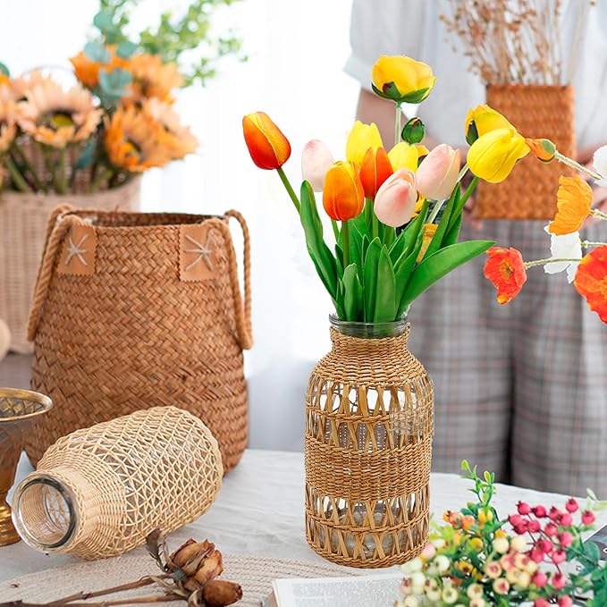 Straw Woven Glass Vase 6.29''x1.77''x3.15''Boho Glass Flower Vase Country Rustic Style Vase Glass Vase for Floral Arrangements Housewarming Party Home Decor (C Style 6.29IN)