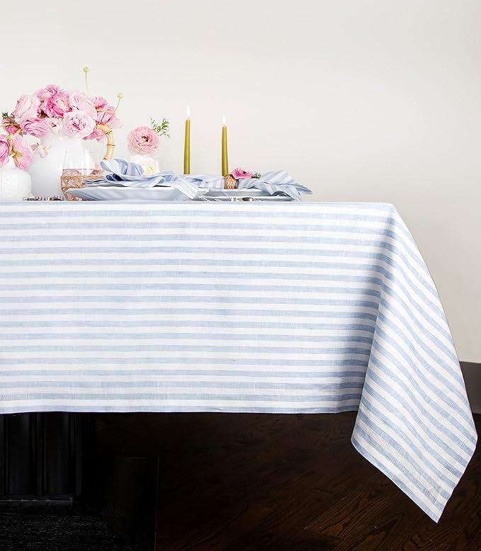 Solino Home Linen Tablecloth 60 x 108 Inch - Amalfi Stripe 100% Pure Linen Sky Blue and White Table Cloth for Rectangle Tables - Machine Washable Tablecloth for Holiday