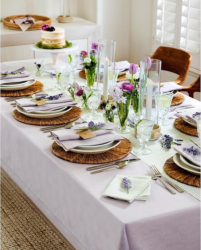 Solino Home Lilac Linen Tablecloth 60 x 132 Inch - 100% Pure Linen Hemstitch Table Cloth for Rectangle Tables - Classic Hemstitch, Machine Washable Tablecloth for Fall, Autumn, Thanksgiving, Christmas