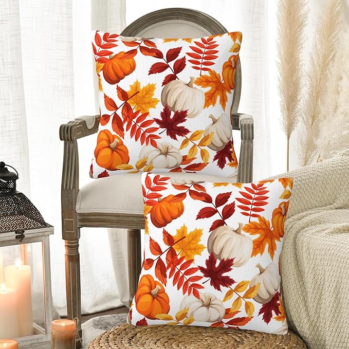 Fall Pillow Covers 18X18 Set of 2, Fall Pumpkins Maple Leaves Decorative Throw Pillow Covers, Autumn Thanksgiving Harvest Pillow Cover Pillowcase Cushion Case for Home Sofa Couch Indoor Outdoor