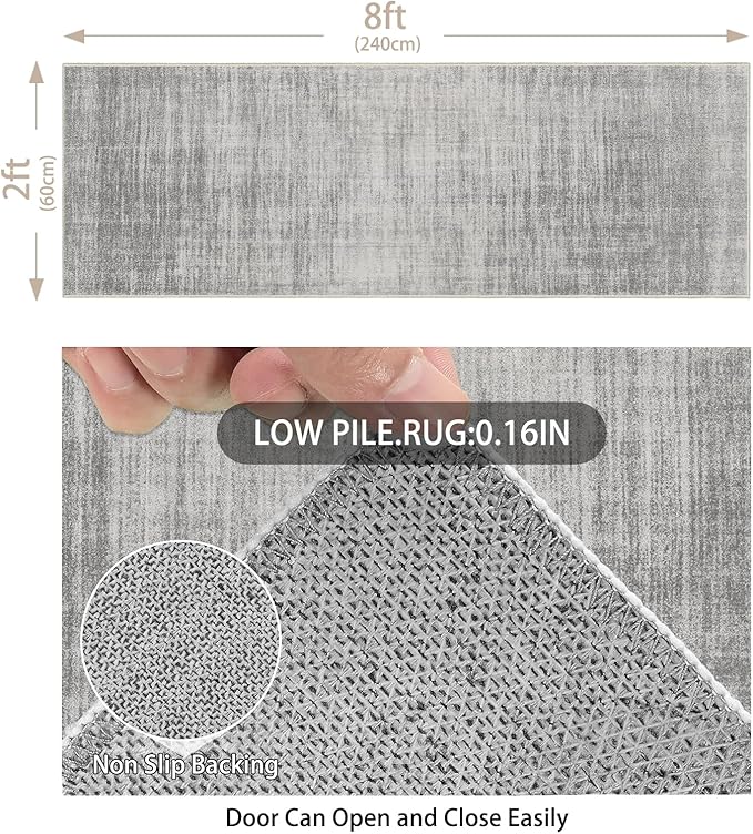 Enkor Runner Rugs for Hallway, 2x8 Washable Soft Non Slip Abstract Rugs for Kitchen, Modern Mat for Entryway Living Room Bedroom Light Grey