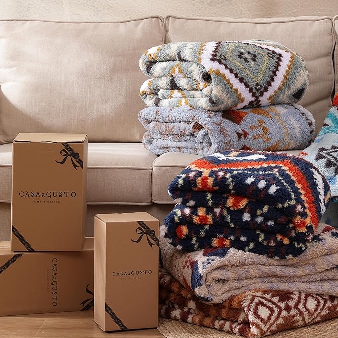 CASAAGUSTO Boho Sherpa Throw Blanket, Aztec King Size Blanket, Ultra Soft, Warm, Cozy, Plush, Thick Fleece Bohemian Throw Blanket for Couch, Bed, Sofa (Navy 108 * 90 Inch)