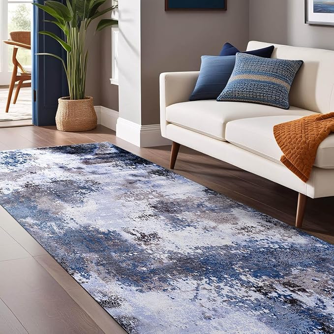 Non Slip Rugs 2x7 Modern Abstract Easy Silk Rubber Backing Soft Runner Rug for Hallways Easy to Clean Non Shedding Kitchen for Laundry Room Indoor Area Carpet (Navy - Blue, 2x7)